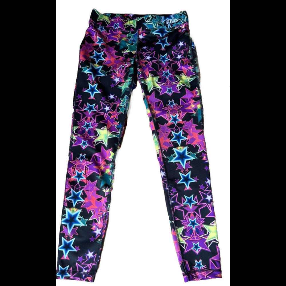 👖🖤Fila Multi Color Stars On Black Ground Leggings Size Small Running